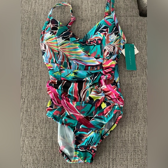 NWT AquaGreen Vibrant Leaf Print One Piece Swimsuit - Picture 4 of 4